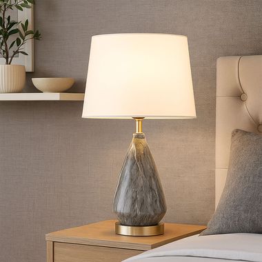 Tischleuchte, Marmoroptik, weiß, Textil, H 54 cm