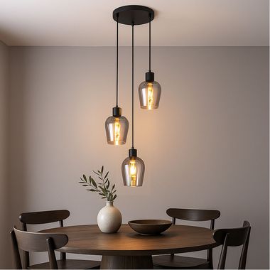 Lampa wisząca, 3-płomienna, szkło, czarny dym, wys. 150 cm