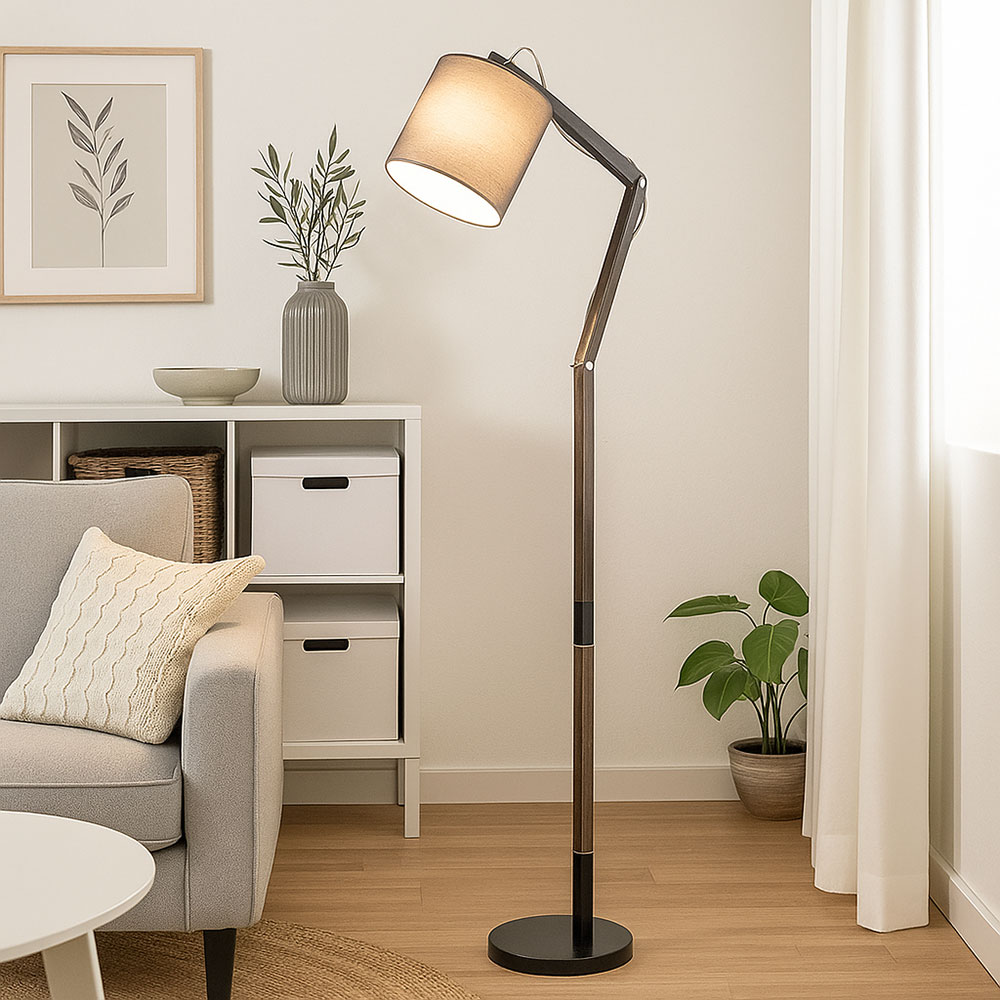 LED Stehlampe, Holz, Textil, grau, schwarz, beweglich, H 172 cm | ETC Shop