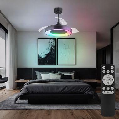 Ventilateur de plafond LED, noir, dimmable, télécommande, D 91 cm