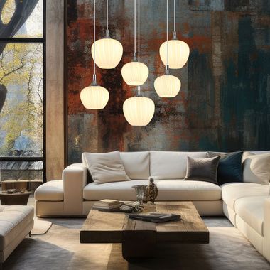 Lampe à suspension, 6 lampes, verre blanc imprimé, chromé, L 86 cm