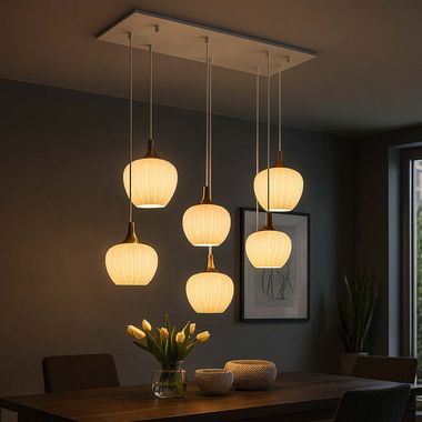 Hängeleuchte, 6-Flammig, Glas, opal, weiß, L 86 cm