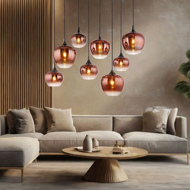 Lampada a sospensione, 8 luci, vetro ramato, nero opaco, L 105 cm
