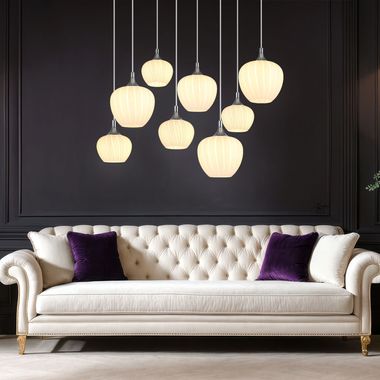 Lampe à suspension, 8 lampes, verre blanc imprimé, L 105 cm