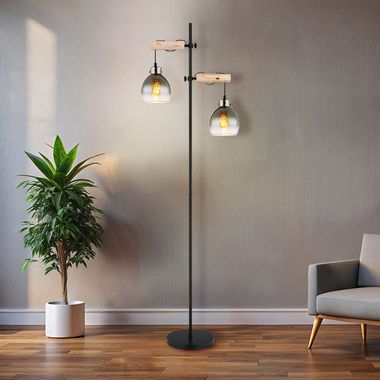 Lampadaire noir, bois naturel, verre fumé, H 168 cm