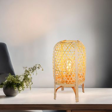 Table lamp, metal, bamboo weave, blue washed, H 37 cm