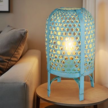 Table lamp, metal, bamboo weave, blue, H 37 cm