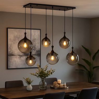 Hängeleuchte, 6-Flammig, Rauchglas Kugeln, schwarz, L 97 cm