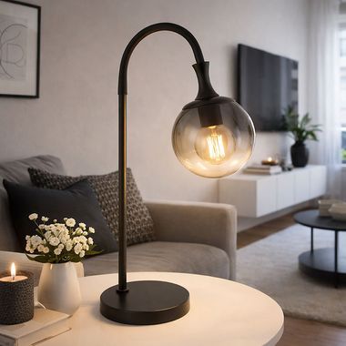 Lampada da tavolo, metallo nero, vetro fumé, H 57,5 cm