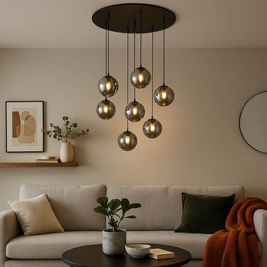 Lampa wisząca LED, 7 płomieni, szklane kule dymne, G9, wys. 120 cm