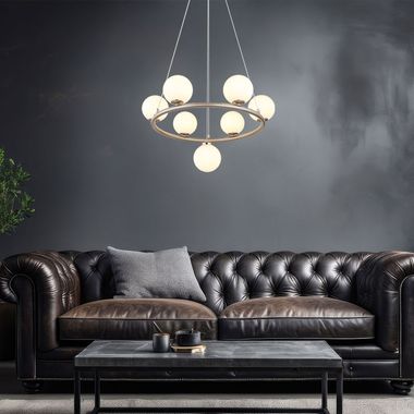 Suspension LED, boules de verre, 7 ampoules, nickel, H 120 cm