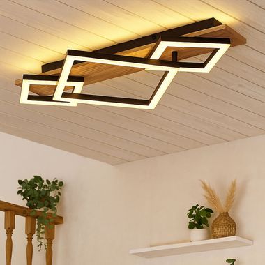 LED Deckenleuchte, Holz, natur, schwarz, L 54 cm