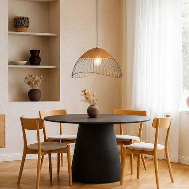 Lampa wisząca LED, czarna klatka, drewno, rattan, D 48 cm