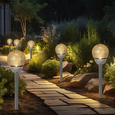 6x lampe solaire LED, acier inoxydable argenté, boule de verre brisé, H 56 cm