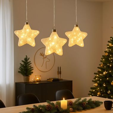 Set di 3 stelle LED, lampada a sospensione, vetro bianco, L15 cm