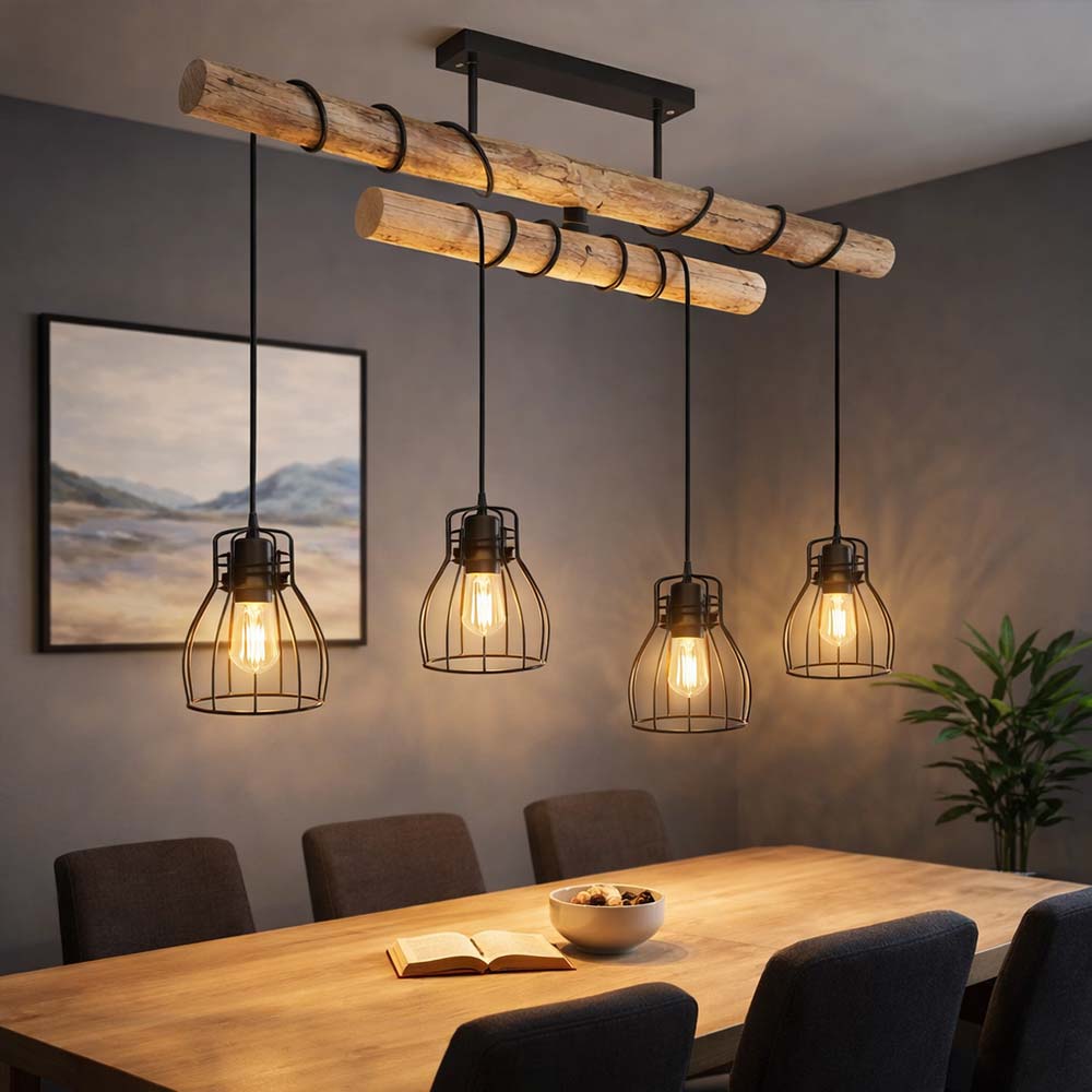 Hofstein Suspension Bois 4 Spots | Plafonnier Moderne Pour Salon, Cuisine & Couloir | Luminaire Design Noir/Marron