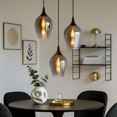 Suspension, métal, verre fumé, 3 flammes