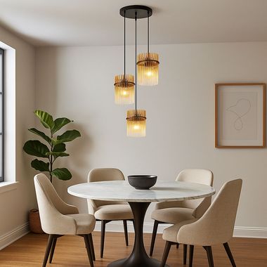 Suspension, 3 feux, métal, ambre, tiges de verre, H 140 cm