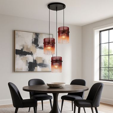 Lampada a sospensione, metallo, vetro rosso, 3 fiamme