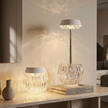 LED Tischleuchte, Touchdimmer, Glas klar, Edelstahl, H 28 cm