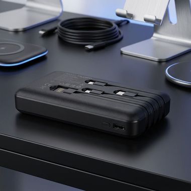Powerbank, czarny, 4 kable do ładowania, dł. 14,7 cm