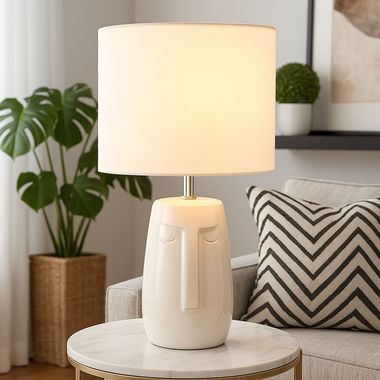 Tischleuchte, Keramik, beige, Stoffschirm, weiß, E14, H 39cm