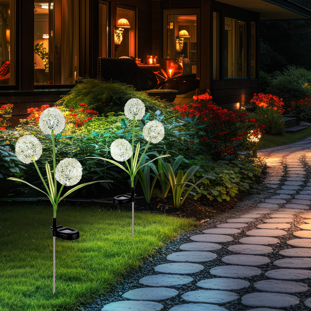 Outdoor light garden decoration LED solar lamp dandelion ground spike patio  lamp, green yellow, stainless steel plastic, neutral white, DxH 23x75 cm,  set of 2 | ETC Shop: lamps, furniture, technology, household.