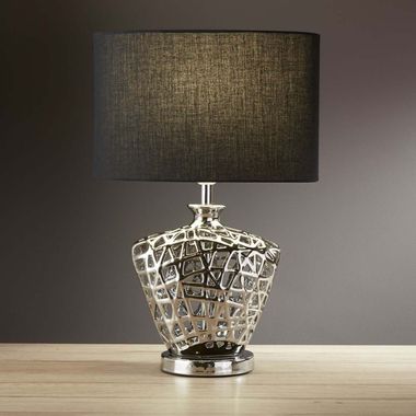 Lampe de table design, chrome, céramique, tissu, noir