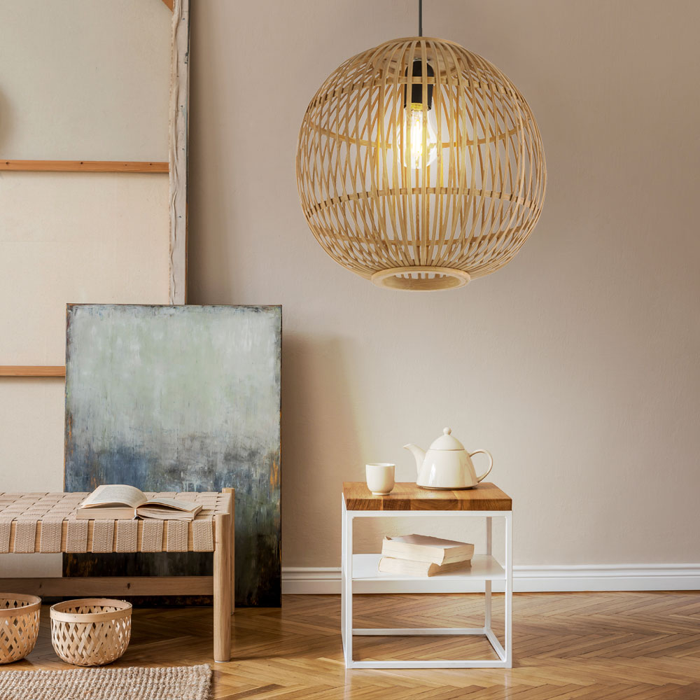 LED Hngelampe, Bambus-Geflecht Kugel, Natur, H 150 cm | ETC Shop