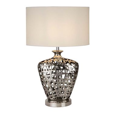 Grande lampe de table Network, base découpée en chrome avec abat-jour ovale blanc