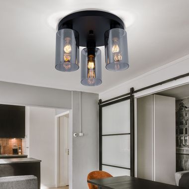 Plafondlamp, 3-lichts glazen kappen, mat zwart, D 34 cm