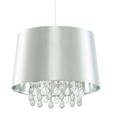 Lampada a sospensione, cristalli, seta, argento, trasparente, H 153 cm