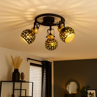 Deckenlampe, 3 Flammig, Metall, schwarz, gold, D 25 cm