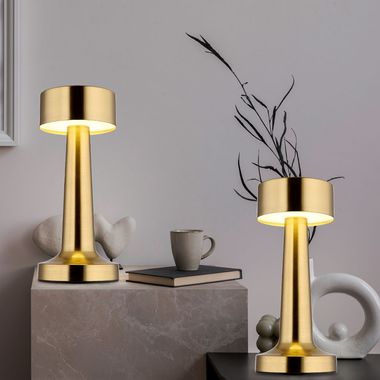 Set van 2 LED tafellampen, messing, touch dimmer, oplaadbare batterij, H 21cm