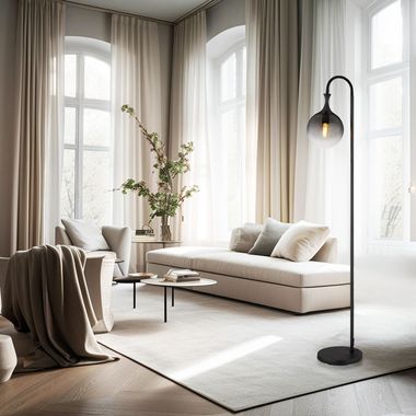 LED vloerlamp, zwart metaal, rookglas, hoogte 152 cm