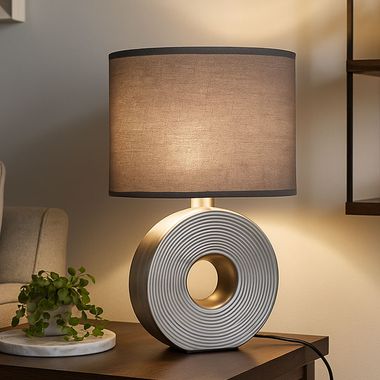 Tischleuchte, Keramik silber, Textil anthrazit, H 38 cm