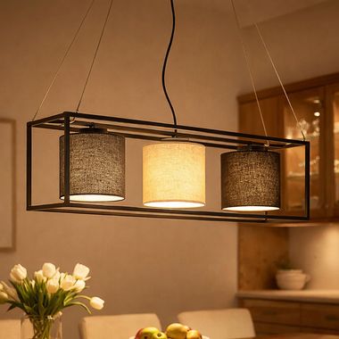 Lampe à suspendre, 3 flammes, lin, noir, gris, beige, L 90 cm