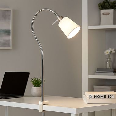Lampa stołowa, reflektor zaciskowy, matowy nikiel, biały materiał tekstylny, elastyczny, wys. 60 cm