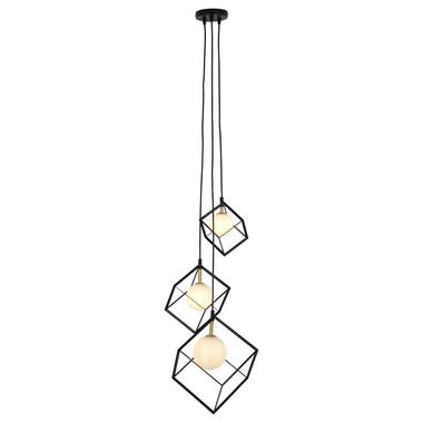 [Paket] Hängeleuchte, 3-Flammig, Würfel schwarz, Glaskugel weiß, H 147 cm