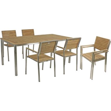 Table group DENVER, 6 parts, brushed stainless steel, teak