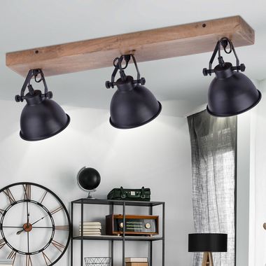 Lampada da parete a soffitto, nero, legno, faretti mobili, L 74 cm