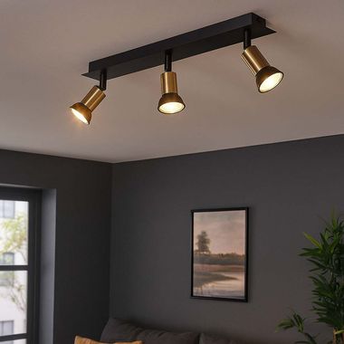 Ceiling light, black gold, movable spotlights, L 40 cm