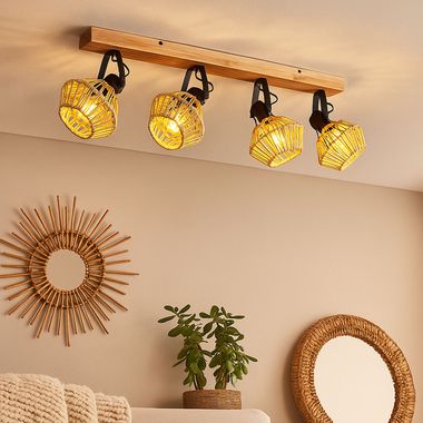Deckenleuchte, Holzoptik, Hanfseil, Spot beweglich, L 80 cm