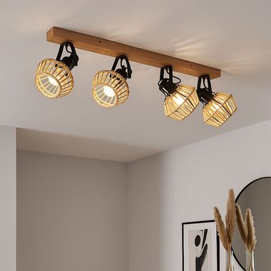 Ceiling light, wood look, hemp rope, movable spotlight, L 80 cm