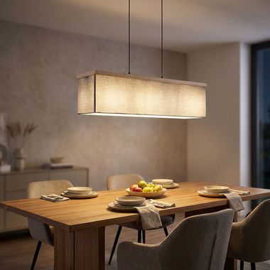 Lampa wisząca o wyglądzie drewna, tkanina w kolorze antracytowym