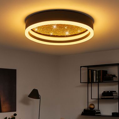 LED ceiling light, metal, gold, matt black, D 30 cm