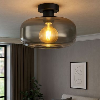 Deckenleuchte, Metall schwarz, Glas rauch, D 28 cm