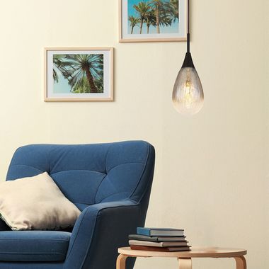 Lampada a sospensione, metallo, nero opaco, vetro craquelé, 1 lampadina