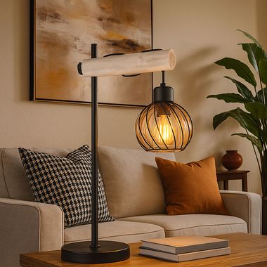 Table lamp, wooden details, metal, glass shade, black amber