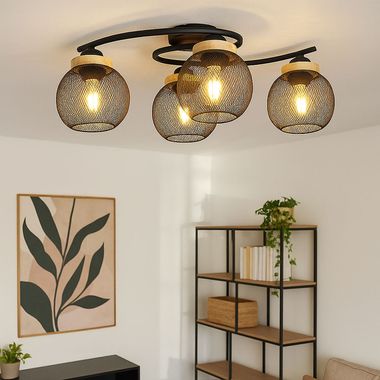 Deckenleuchte, 4-Flammig, Holz, Gitterschirme, schwarz, L 60 cm